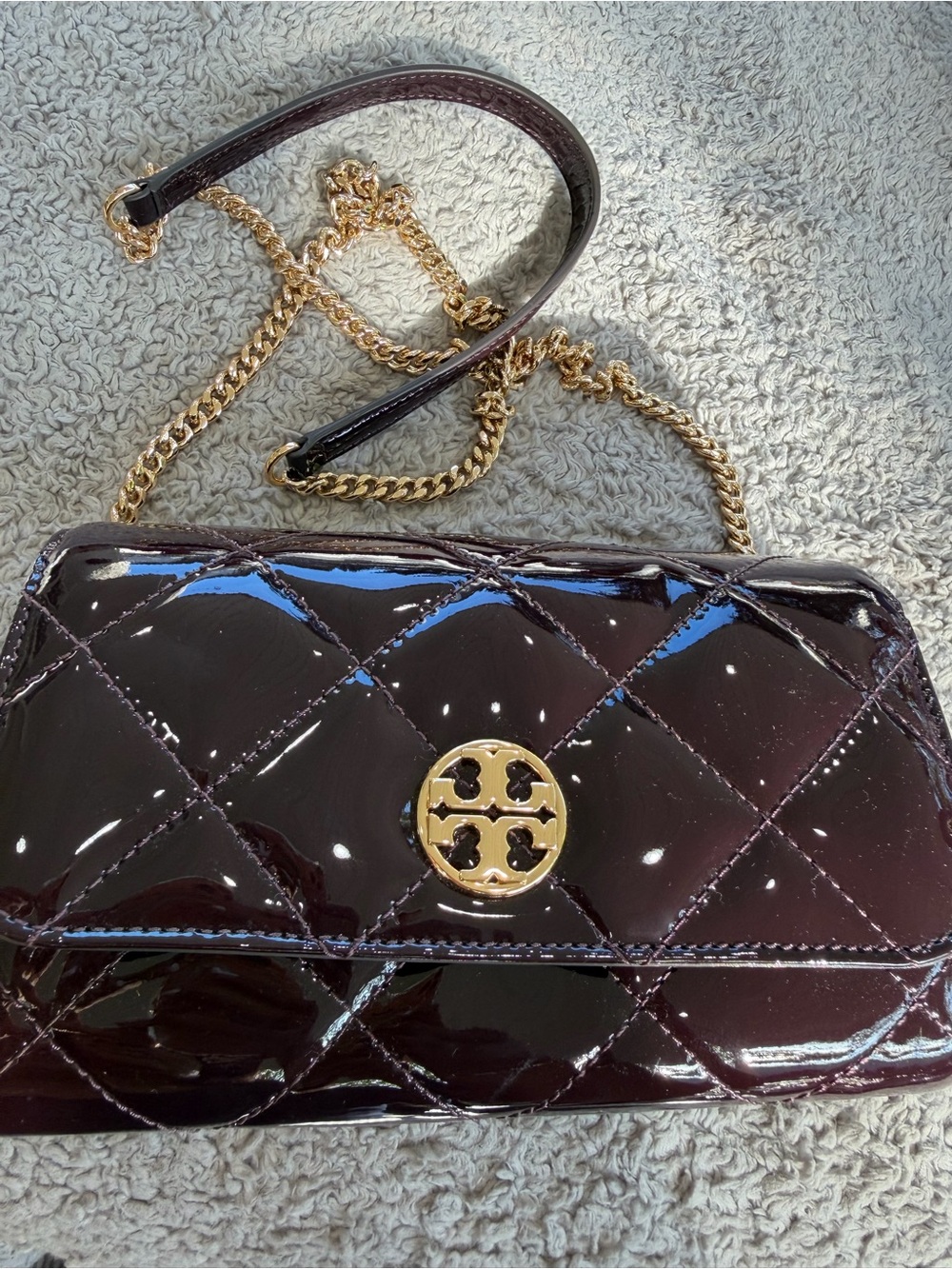 Tory Burch Quilted Patent Leather Chain Crossbody - Deep Plum with Gold Hardware